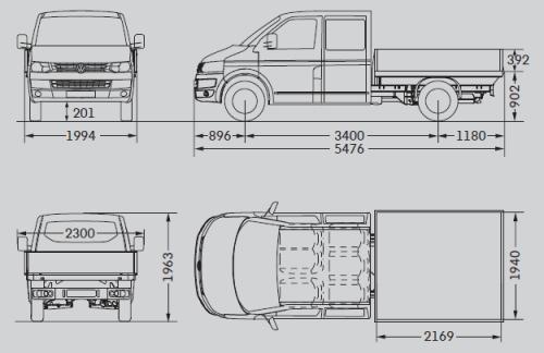 Szkic techniczny Volkswagen Caravelle T5 Transporter Skrzyniowy Facelifting podwójna kabina długi rozstaw osi