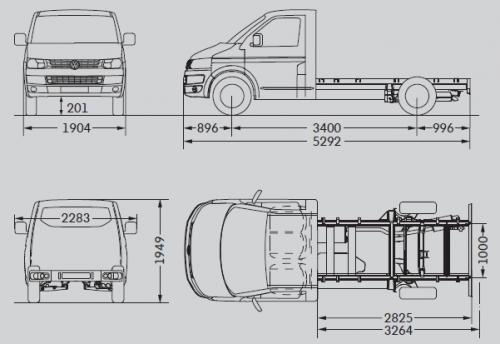 Szkic techniczny Volkswagen Caravelle T5 Transporter Podwozie Facelifting pojedyncza kabina długi rozstaw osi