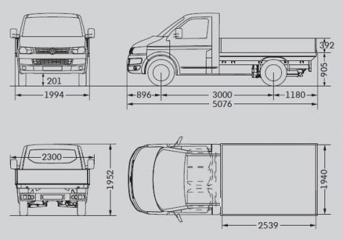 Szkic techniczny Volkswagen Caravelle T5 Transporter Skrzyniowy Facelifting pojedyncza kabina krótki rozstaw osi