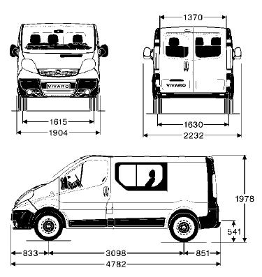 Szkic techniczny Opel Vivaro A Van z podwójną kabiną L1