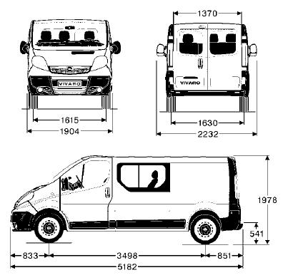 Szkic techniczny Opel Vivaro A Van z podwójną kabiną L2