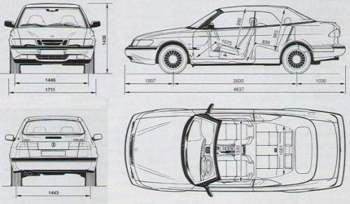 Szkic techniczny Saab 900 II Cabrio