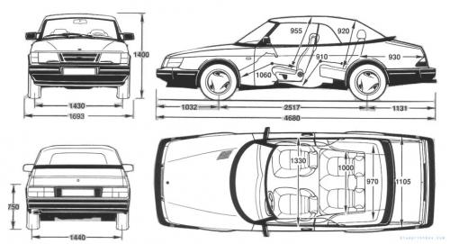 Szkic techniczny Saab 900 I Cabrio
