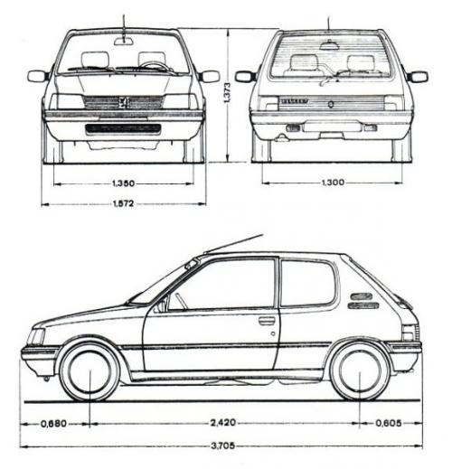Szkic techniczny Peugeot 205 II Hatchback