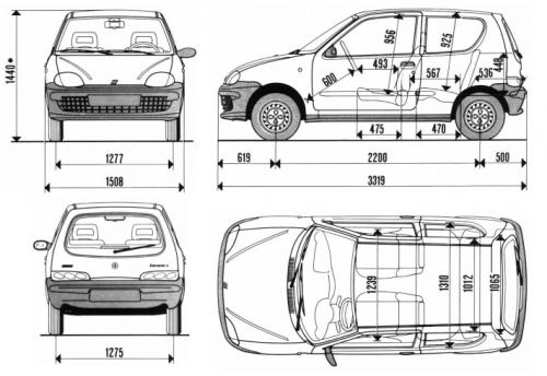 Szkic techniczny Fiat Seicento Hatchback 3d