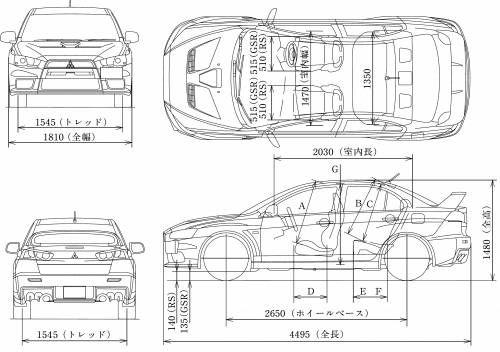 Szkic techniczny Mitsubishi Lancer Evolution X