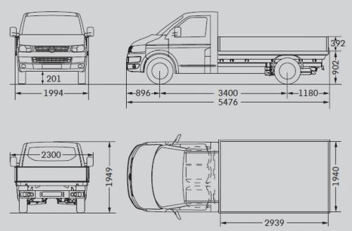 Szkic techniczny Volkswagen Caravelle T5 Transporter Skrzyniowy Facelifting pojedyncza kabina długi rozstaw osi