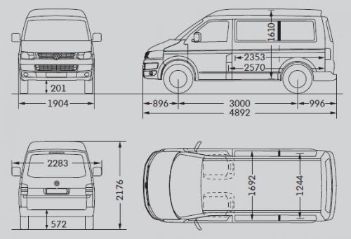Szkic techniczny Volkswagen Caravelle T5 Transporter Kombi Facelifting krótki rozstaw osi