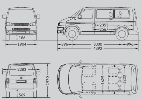 Szkic techniczny Volkswagen Caravelle T5 Multivan Facelifting krótki rozstaw osi