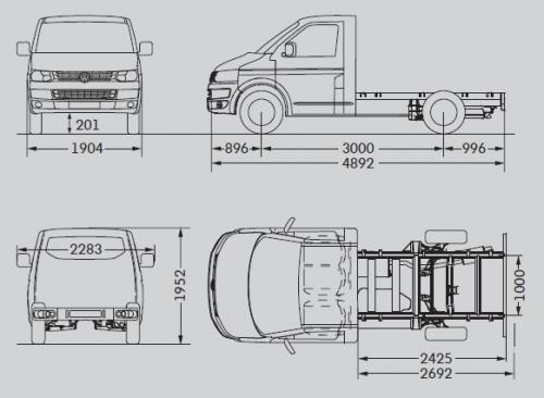 Szkic techniczny Volkswagen Caravelle T5 Transporter Podwozie Facelifting pojedyncza kabina krótki rozstaw osi