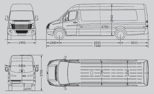 Szkic techniczny Volkswagen Crafter I Furgon długi rozstaw osi przedłużony zwis