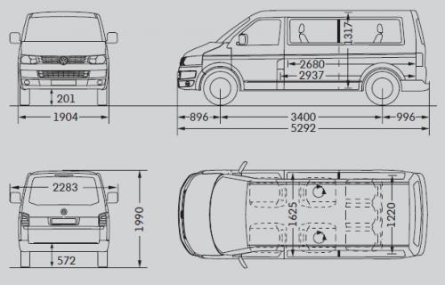 Szkic techniczny Volkswagen Caravelle T5 Multivan Facelifting długi rozstaw osi