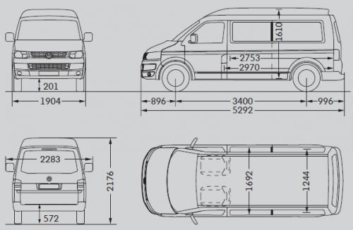 Szkic techniczny Volkswagen Caravelle T5 Transporter Kombi Facelifting długi rozstaw osi
