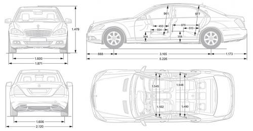 Szkic techniczny Mercedes Klasa S W221 Limuzyna wersja długa Facelifting AMG