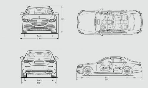 Szkic techniczny Mercedes Klasa S W223/V223 Sedan Plug-In