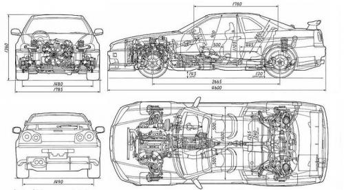 Szkic techniczny Nissan Skyline R34 Coupe