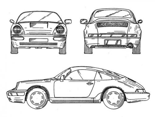 Szkic techniczny Porsche 911 964 Coupe