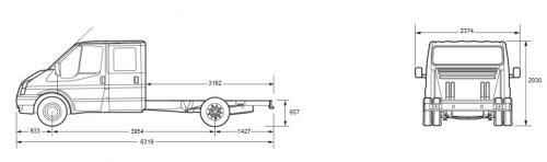 Szkic techniczny Ford Transit VI Podwozie z podwójną kabiną i przedłużoną ramą