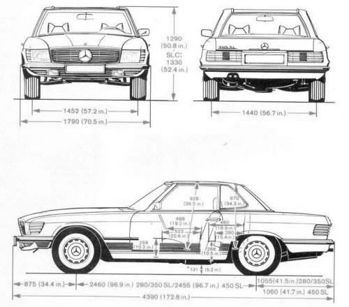 Szkic techniczny Mercedes SL R107 Cabrio