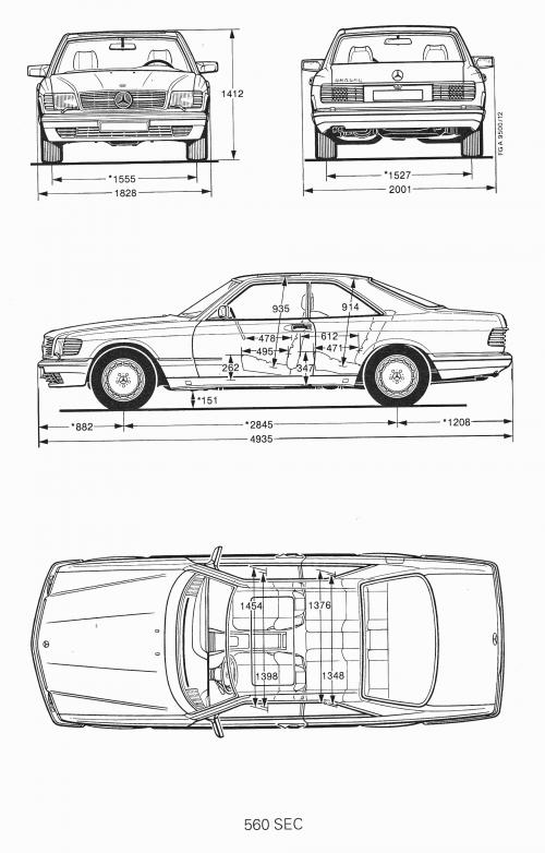 Szkic techniczny Mercedes Klasa S W126 Coupe C126