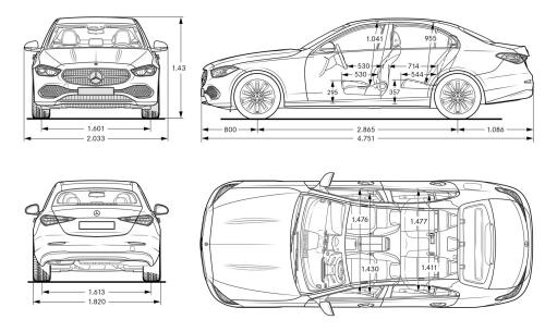Szkic techniczny Mercedes Klasa C W206 Limuzyna Plug-in
