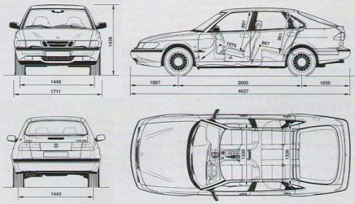 Szkic techniczny Saab 900 II Hatchback