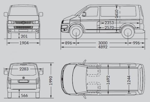 Szkic techniczny Volkswagen Caravelle T5 Transporter Furgon Facelifting krótki rozstaw osi
