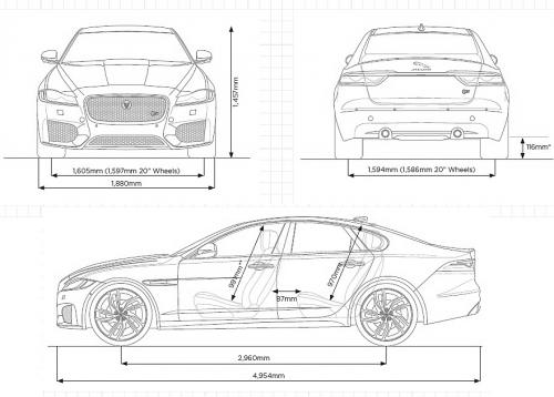 Szkic techniczny Jaguar XF II Sedan