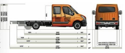 Szkic techniczny Renault Master IV Podwójna kabina podwozie