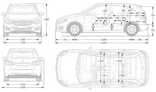 Szkic techniczny Mercedes Klasa B W246 Sports Tourer Facelifting