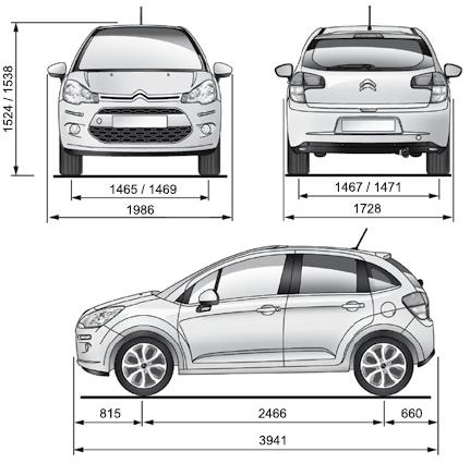 Szkic techniczny Citroen C3 II Hatchback facelifting