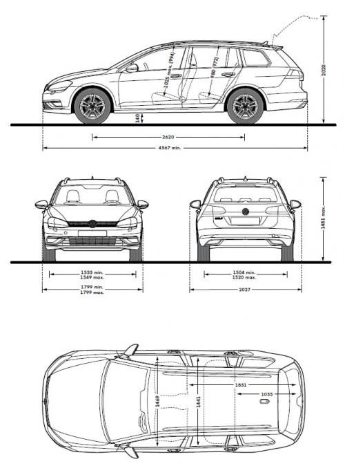 Szkic techniczny Volkswagen Golf VII R Variant Facelifting