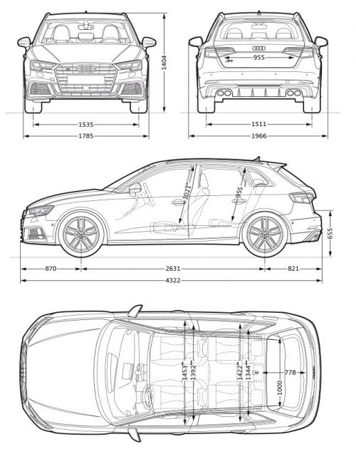 Szkic techniczny Audi A3 8V S3 Sportback 5d Facelifting