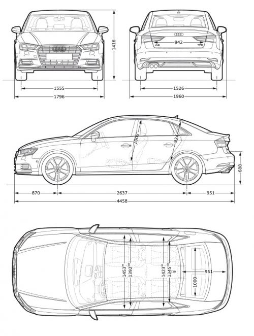 Szkic techniczny Audi A3 8V Limousine Facelifting
