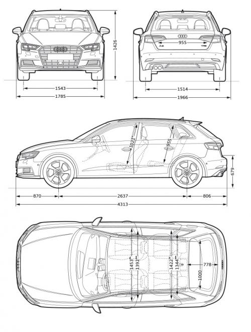 Szkic techniczny Audi A3 8V Sportback 5d Facelifting
