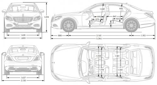 Szkic techniczny Mercedes Klasa S W222 Limuzyna wersja długa