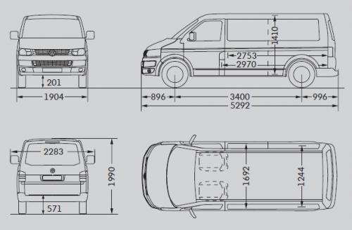 Szkic techniczny Volkswagen Caravelle T5 Transporter Furgon Facelifting długi rozstaw osi