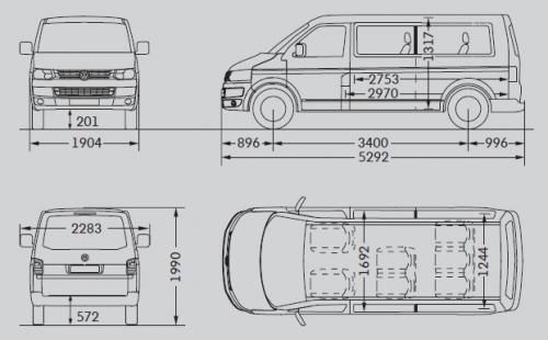 Szkic techniczny Volkswagen Caravelle T5 Caravelle Facelifting długi rozstaw osi
