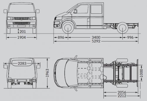 Szkic techniczny Volkswagen Caravelle T5 Transporter Podwozie Facelifting podwójna kabina długi rozstaw osi